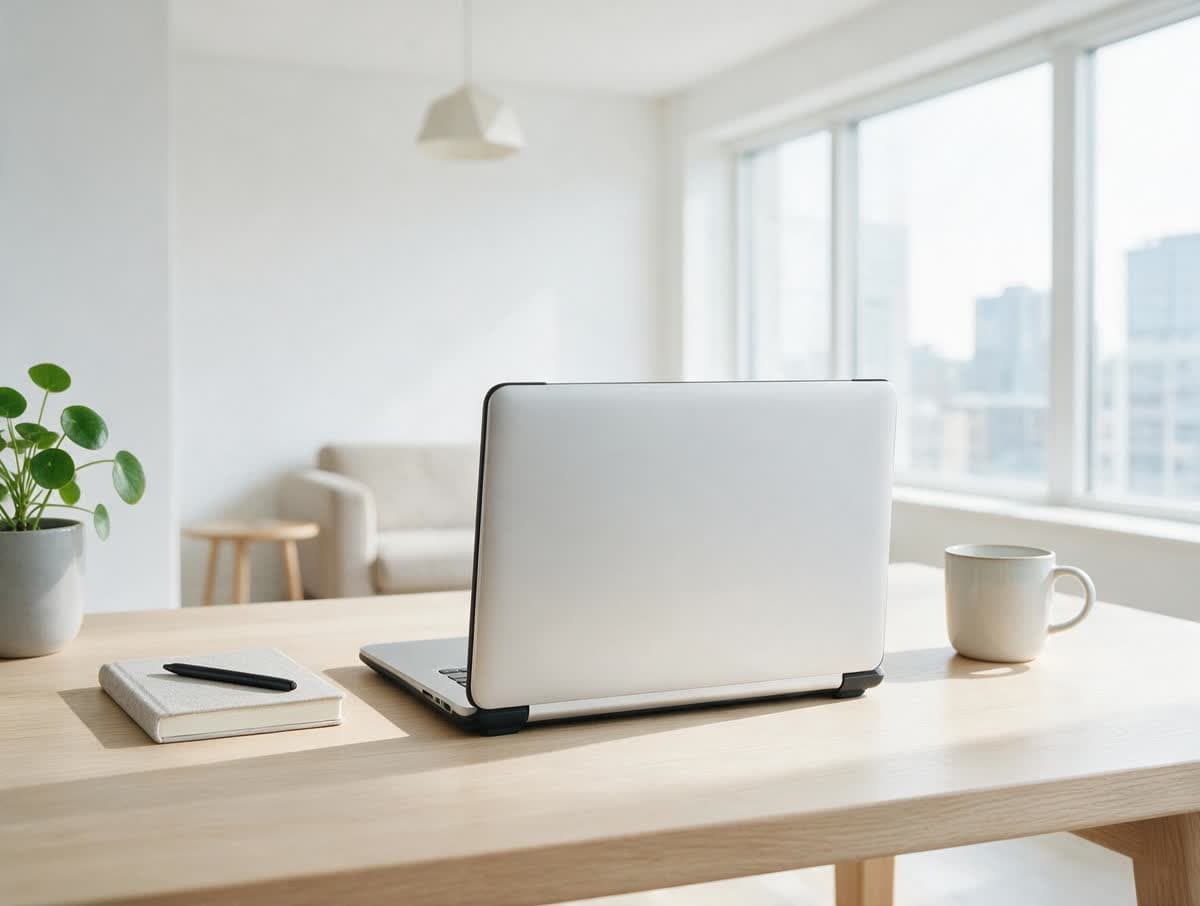 Uma mesa de trabalho clara e contemporânea, com um notebook visto por trás