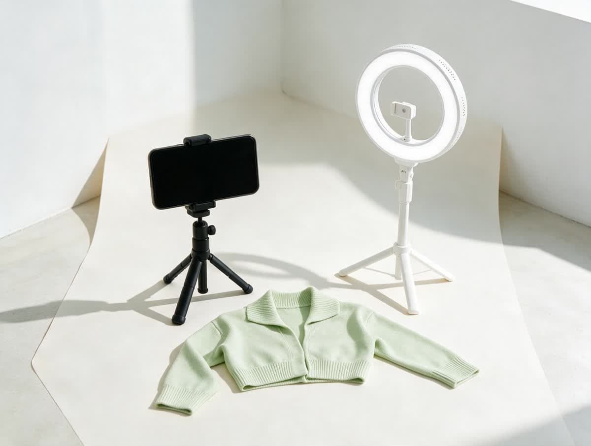 Um celular num tripé e um ring light fotografando uma peça de roupa sobre fundo claro